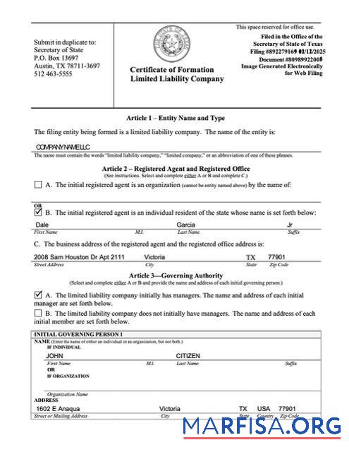Blank USA certificate of formation limited liability company Word and PDF template